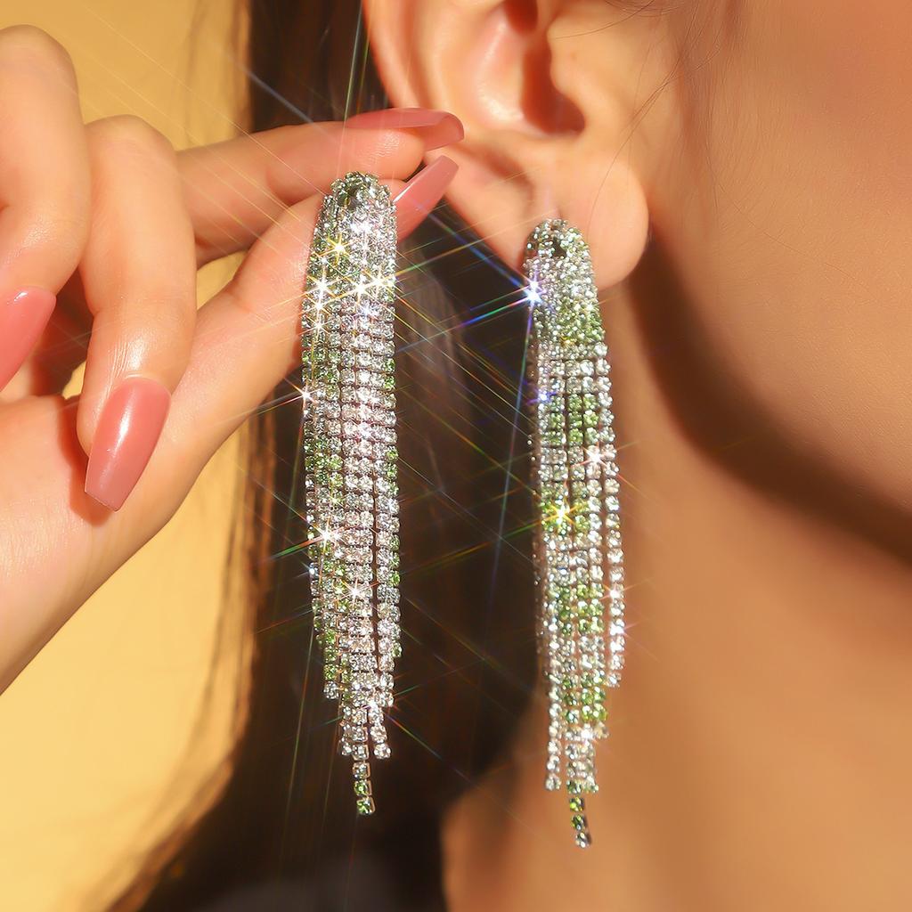 Colored Shiny Rhinestone Long Fringed Earrings