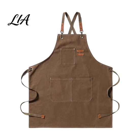 Crafting And DIY Workwear Canvas Work Apron with Multi-Pocket, Waterproof Oil-Proof Cross-Back Apron, Kitchen Cooking Pockets Adjustable Straps