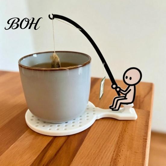 Portable Tea Bag Drip Catcher Fishing Man Holder with Coaster, Cute Stick Figure Minimalist Clip Holder, Funny Desk Cup Catcher, Novelty Accessory for