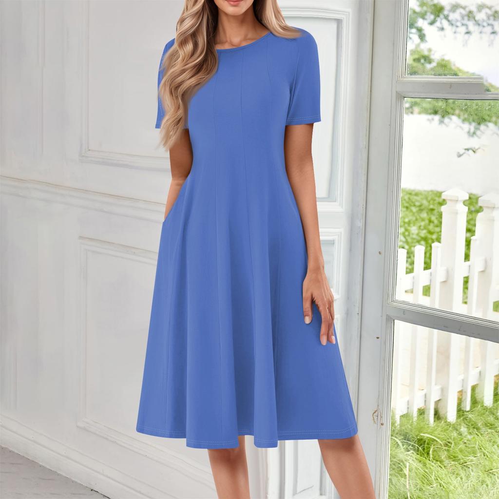 Женское повседневное и модное платье с круглым вырезом и коротким рукавом, однотонное, средней длины