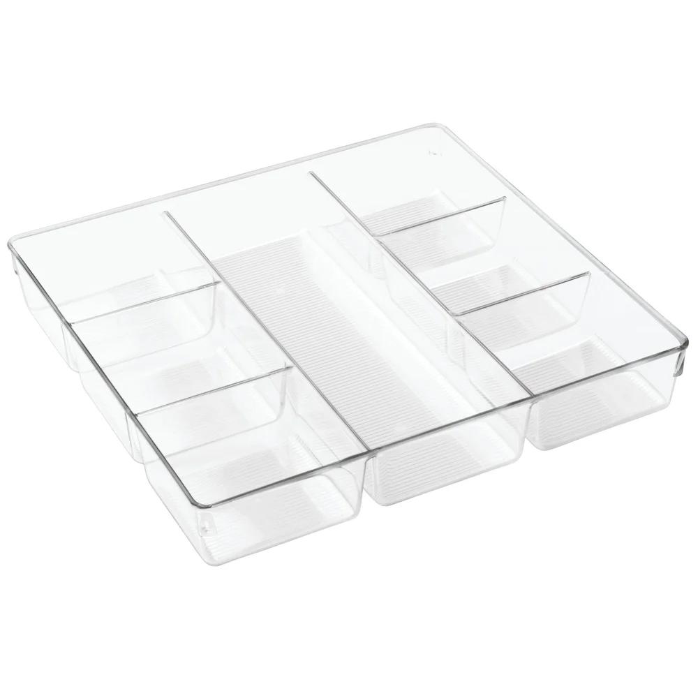 Plastic Drawer Organizer Clear Divided Kitchen Utensil Storage with 7 Compartments Home Office Vanity Bathroom Desk Crafts