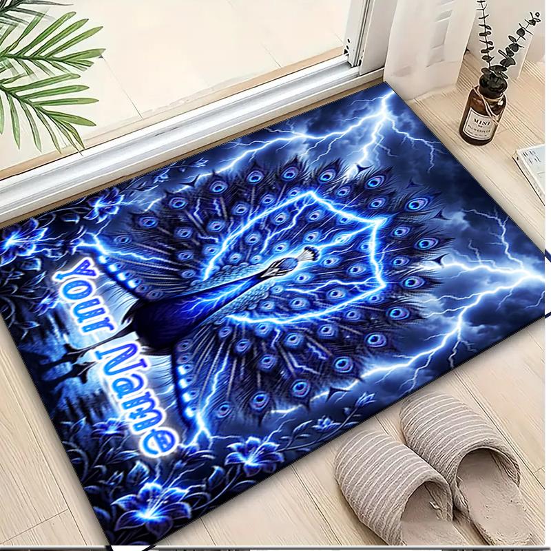1PC Custom Name Electric Peacock Artwork Theme Floor Mat Ideal for Living Room, Game Rooms, Office, Bedroom,Floor Mat Playful Design
