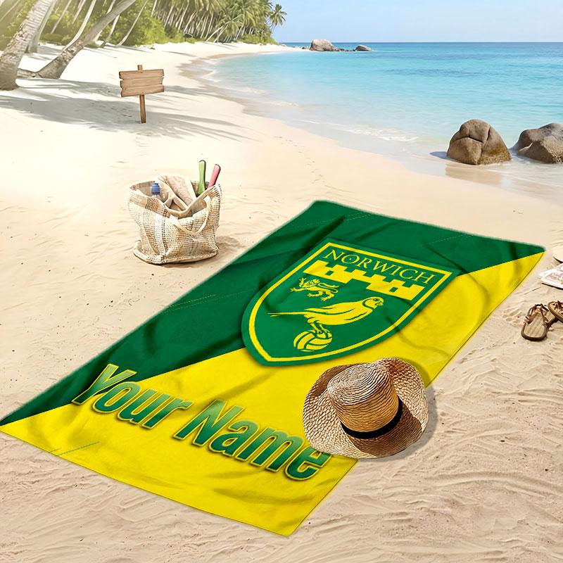 Norwich City Personalized Printed Beach Towel Soccer Logo Support Custom Name Text Absorbent Towel For Sport Travel Special Gift