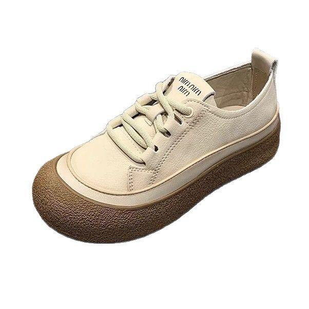 Cowhide Version Leather Retro Women's Shoes Soft-soled Mother Single Shoes 2025 Spring and Summer New Thick-soled Casual Beanie White Shoes