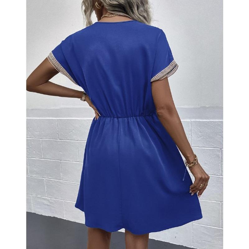 Women Vintage Mini Dresses 2023 Summer Fashion Solid V Neck Loose Lace Up Dress Female Casual Short Sleeve Beach Dress Vestidos