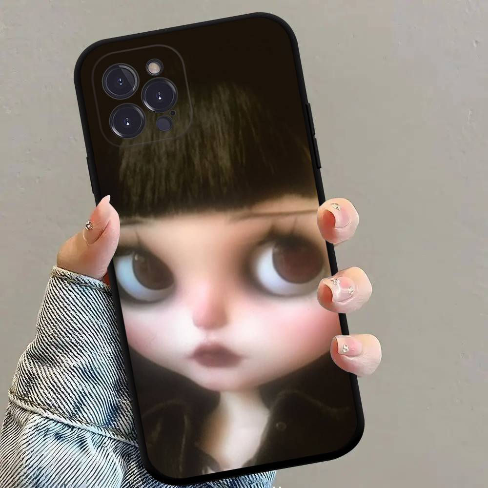 Dark Cute Girl Doll Black Matte Phone Case For iphone 17 Air 16 15 14 13 12 11 Pro Max Plus Back Cover TPU Soft Case