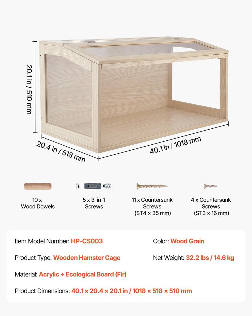 Wooden Hamster Cage 1018 x 518 x 510 mm 270° Viewing Hamster Habitat, Chewproof Acrylic Small Animal Cage with Openable Top, Large Pet Enclosure for