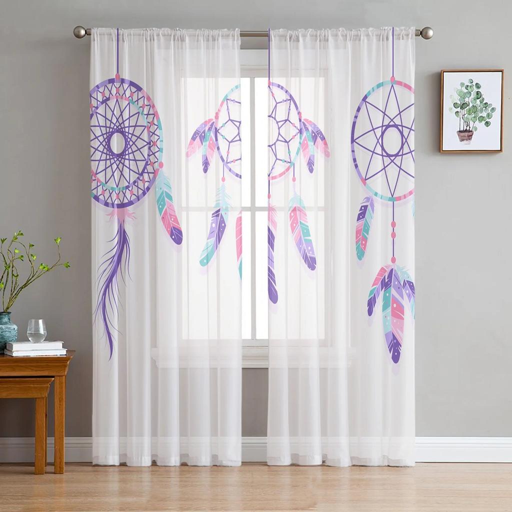 Dream Catcher Watercolor Feather Pattern Modern Tulle Curtains for Living Room Bedroom Home Kitchen Window Sheer Curtains