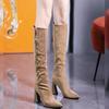 Винтажные зимние женские ботфорты до колена, модные туфли на высоком каблуке с острым носком, лаконичные длинные женские боты