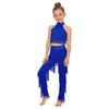 Children‘s Latin Dance Outfit Sleeveless Back Straps Crop Top Layered Tassels and Matching Elastic Waist Fringe Pants for Salsa Competition