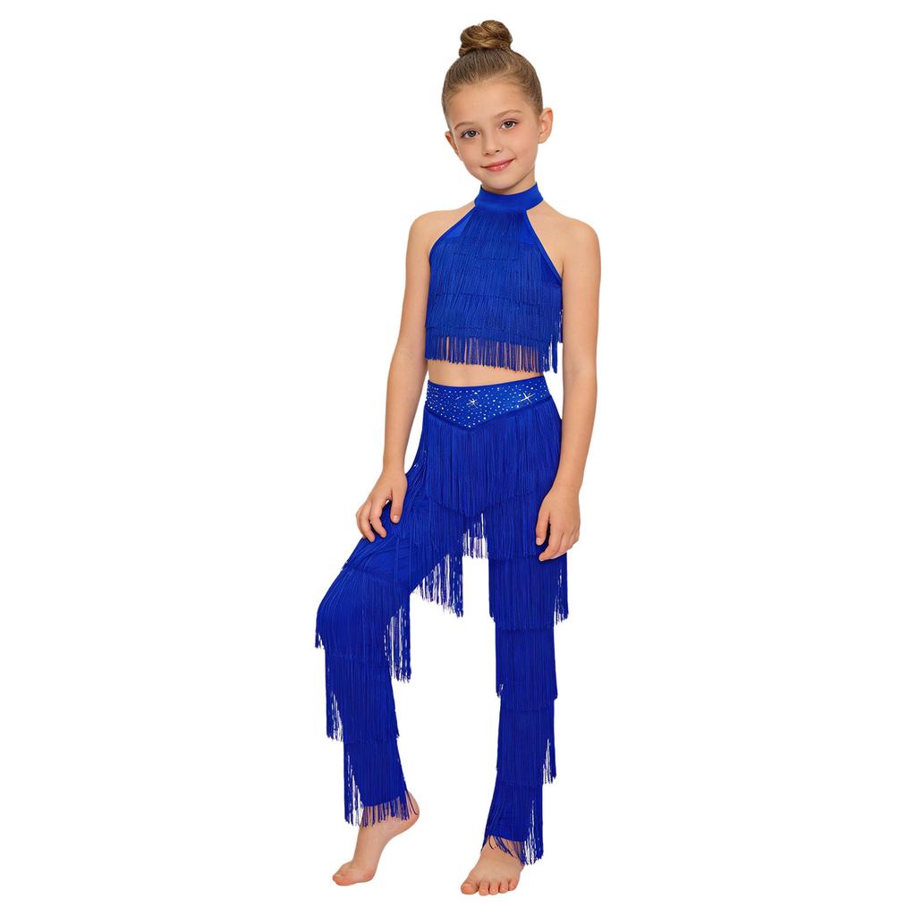 Children‘s Latin Dance Outfit Sleeveless Back Straps Crop Top Layered Tassels and Matching Elastic Waist Fringe Pants for Salsa Competition