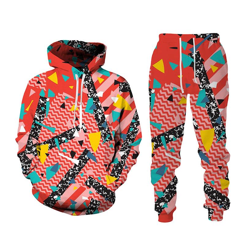 Spring And Autumn Fashion Men Tracksuit 2 Piece Hip Hop Tops and Pants Male Female Sweat Suits Fun Geometry Print Hoodies Suits