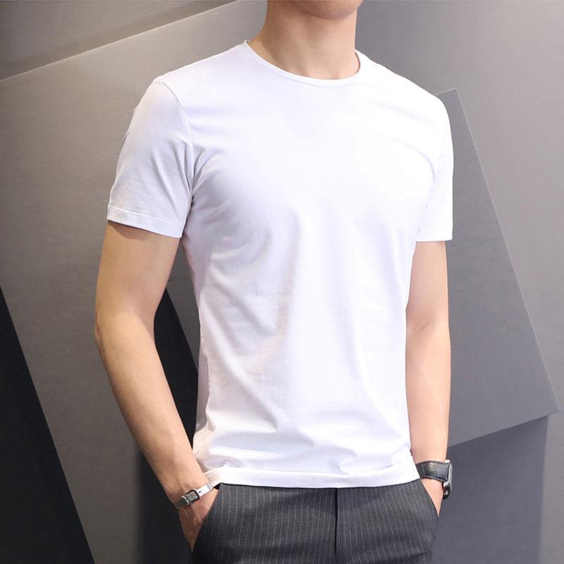 Solid Round Neck Short Sleeved T-shirt for Male Students Youth Elastic White Shirt Korean Fashion Slim Fitting and Simple Half Sleeved Top