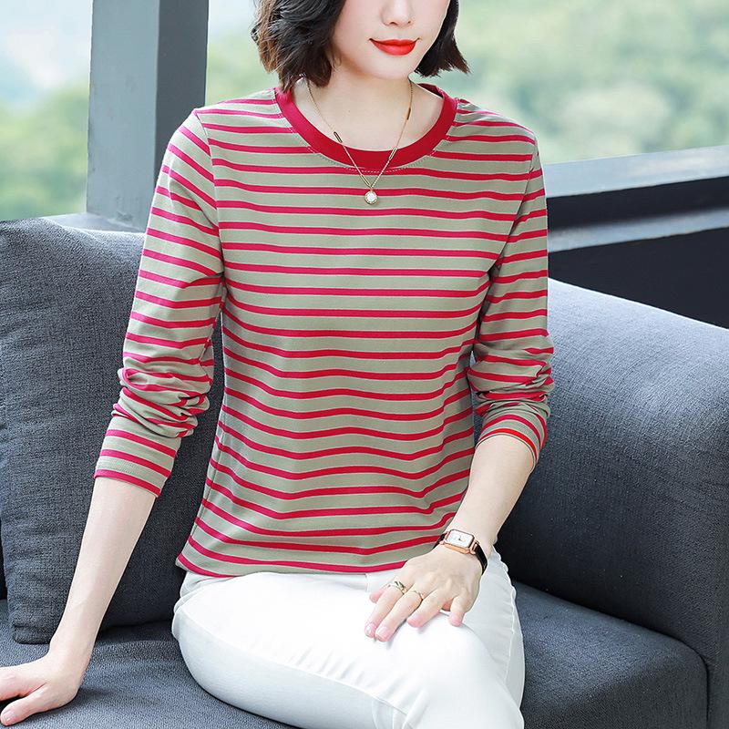 2023 Women's Oversized Striped Cotton Long-Sleeve T-Shirt for Autumn