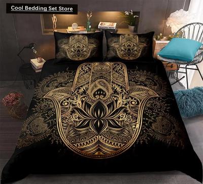 Комплект постельного белья Hamsa Hand Boho Mandala Duvet Cover Set Black Gold Bohemia Bed Set Fatima Hand Постельное белье Lucky Hand Quilt Cover