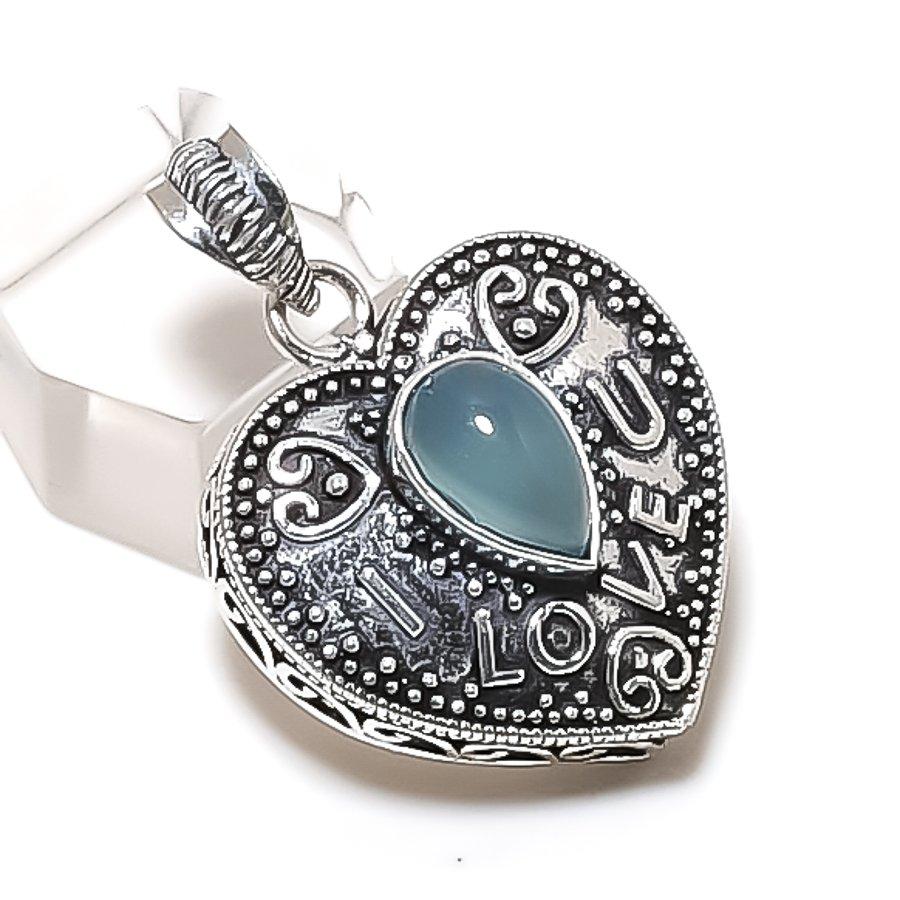 Натуральный аква-хацедоновый драгоценный камень 925 пробы стерлингового серебра Подвеска 1,46" ETC-13943