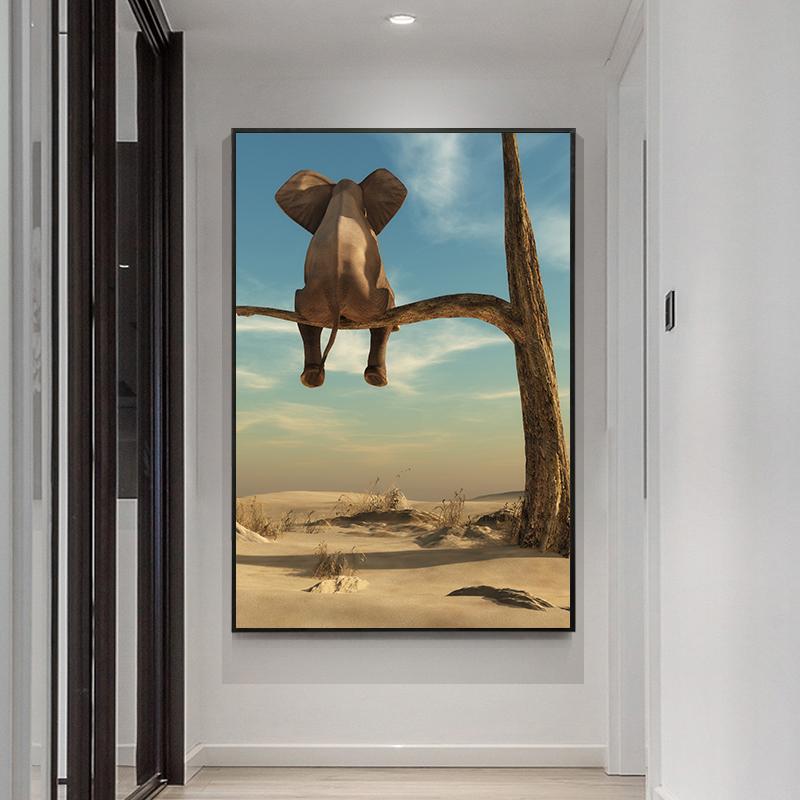 Интересное искусство слон, сидящий на дереве, холст, картина, настенные художественные фотографии животных, скандинавские постеры и