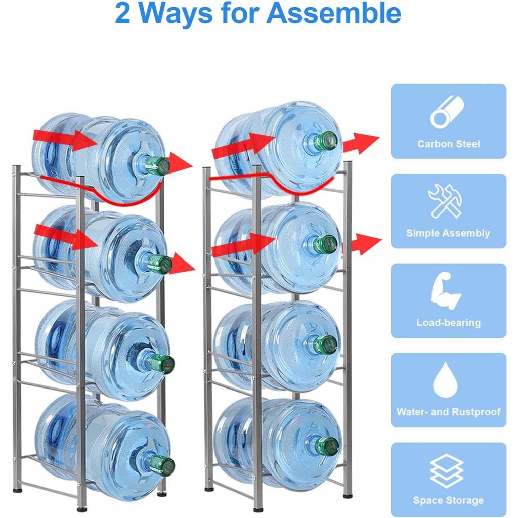 Сверхпрочная 4-ярусная стойка для бутылей с водой | Серебристый металлический органайзер для хранения галлонов/бутылей | Компактный многофункциональный дизайн