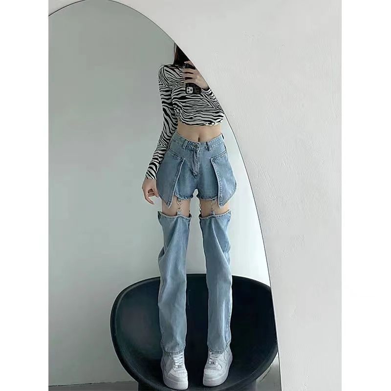 Уличные прямые джинсы с имитацией двух слоев и рваными деталями, летние женские, синие вываренные, на молнии, съемные, модные, с высокой талией, тонкие, свободные, джинсовые брюки