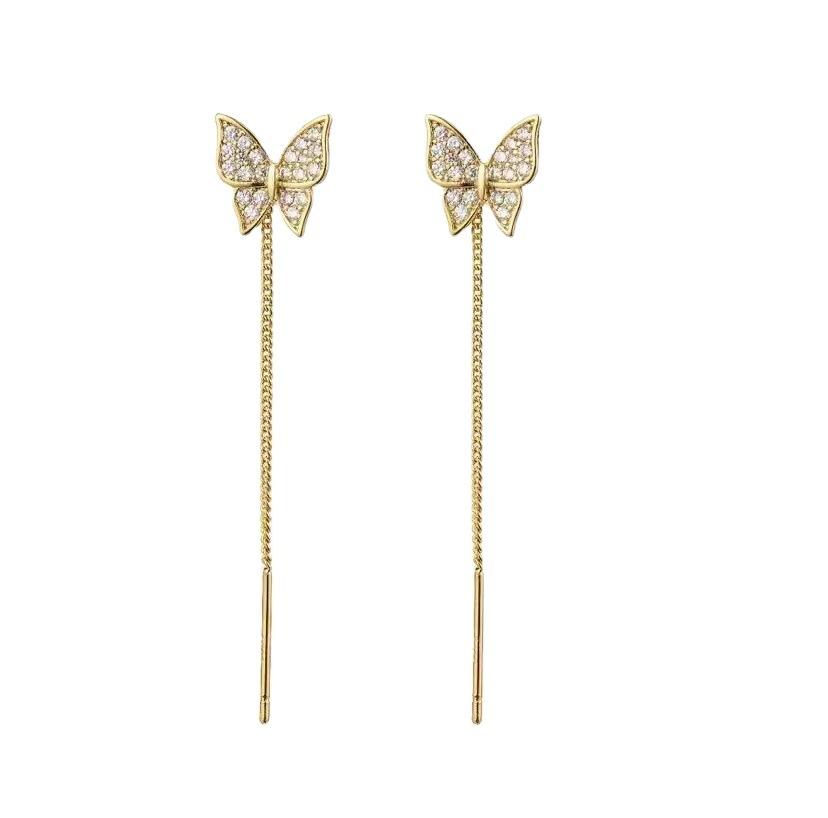 Позолоченные серьги-гвоздики с длинной кисточкой и стразами в форме бабочки