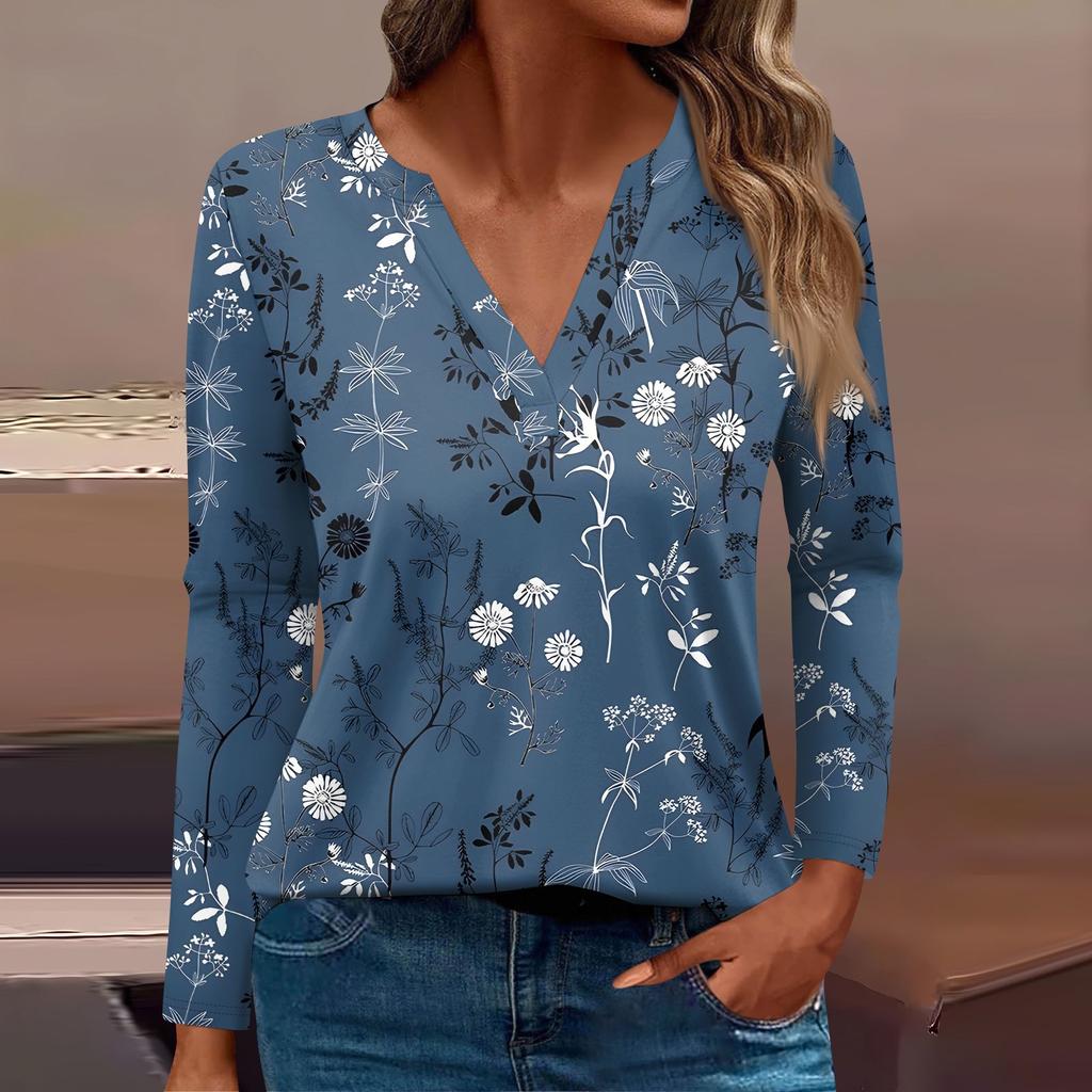 Женская модная повседневная футболка с V-образным вырезом и длинным рукавом, винтажный цветочный принт