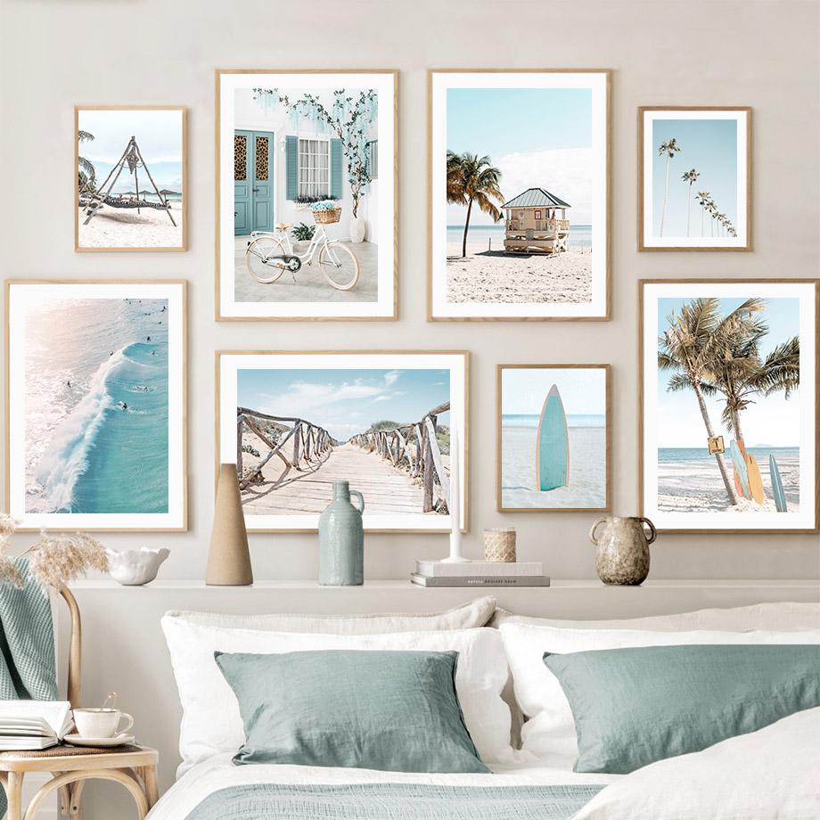 Кокосовая пальма доска для серфинга шале океан пляжный пейзаж настенная живопись на холсте скандинавские постеры с принтами настенная картина Декор в гостиную