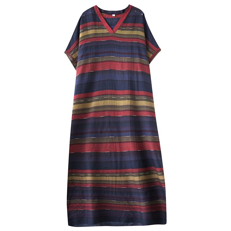 Dimanaf Женское 2025 Plus Size Летнее повседневное базовое платье Льняное винтажное свободное длинное платье в полоску макси Новое