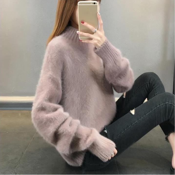 Осенне-зимний нелиняющий водонепроницаемый норковый свитер, женская нижняя рубашка, толстый свободный однотонный пуловер с половиной высокого воротника, мягкий и удобный