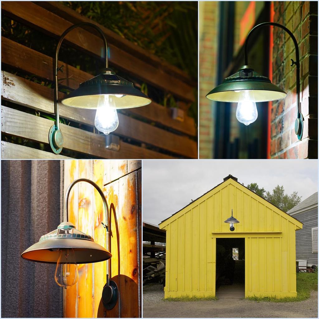 Solar Gooseneck Lights Outdoor Waterproof - Motion Sensor Vintage Porch Light with Clear Glass LED Bulbs & 4 Solar Panels (Bronz