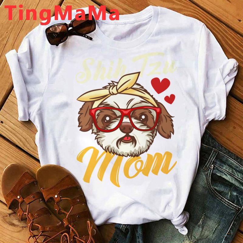 Футболка для мам, женские летние топы в стиле Харадзюку с рисунком Ши-тцу, футболки с рисунком Kawaii, модные топы унисекс