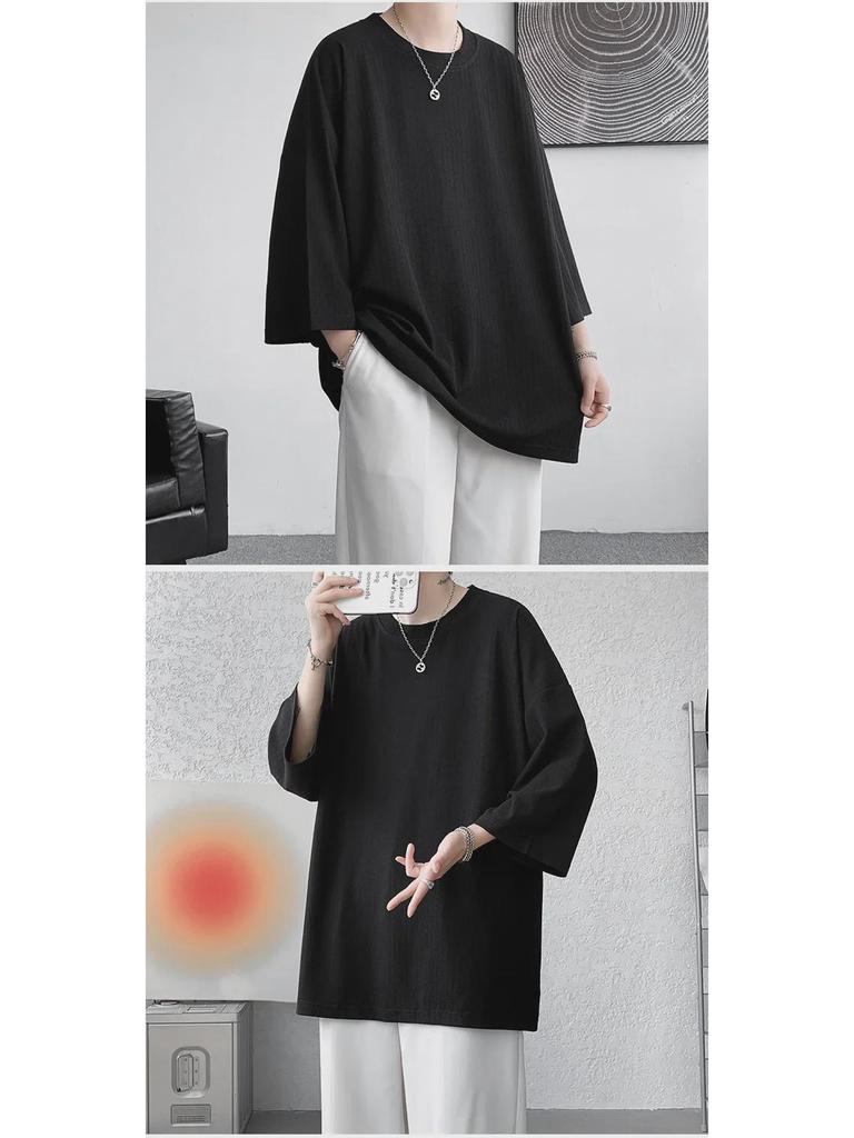 Мужская футболка Ice Silk Drape, короткий рукав, однотонный цвет, тренд лета 2023 года, размер плюс, длина три четверти.