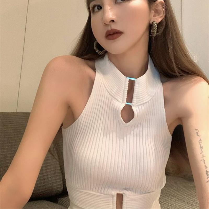 American Knitted Camisole Hollow-out Tank Top Women's Outerwear Hot Girl Summer Backless Base Layer Sweet & Spicy Short Sexy Top
