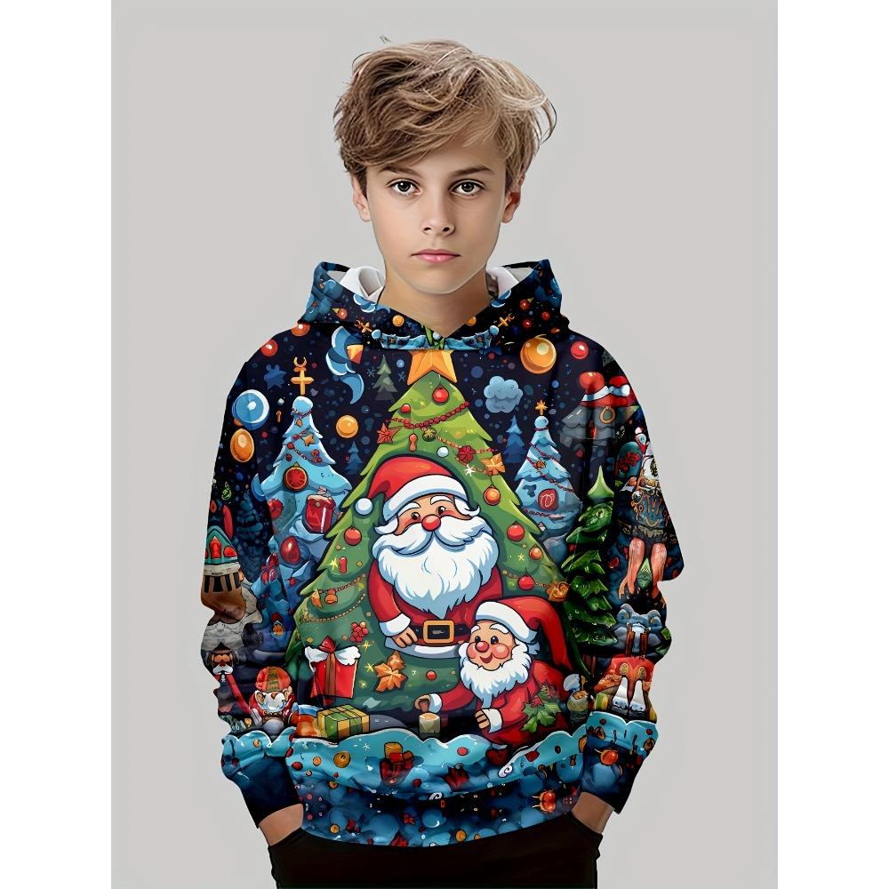 New Hot Sale Kids' Christmas Hoodie: Santa Claus & Tree Long-Sleeve Top, Autumn/Winter Party Gift For Parties and Play