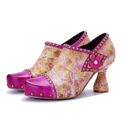 Модные женские туфли-лодочки из натуральной кожи с ретро-принтом и заклепками на высоком каблуке