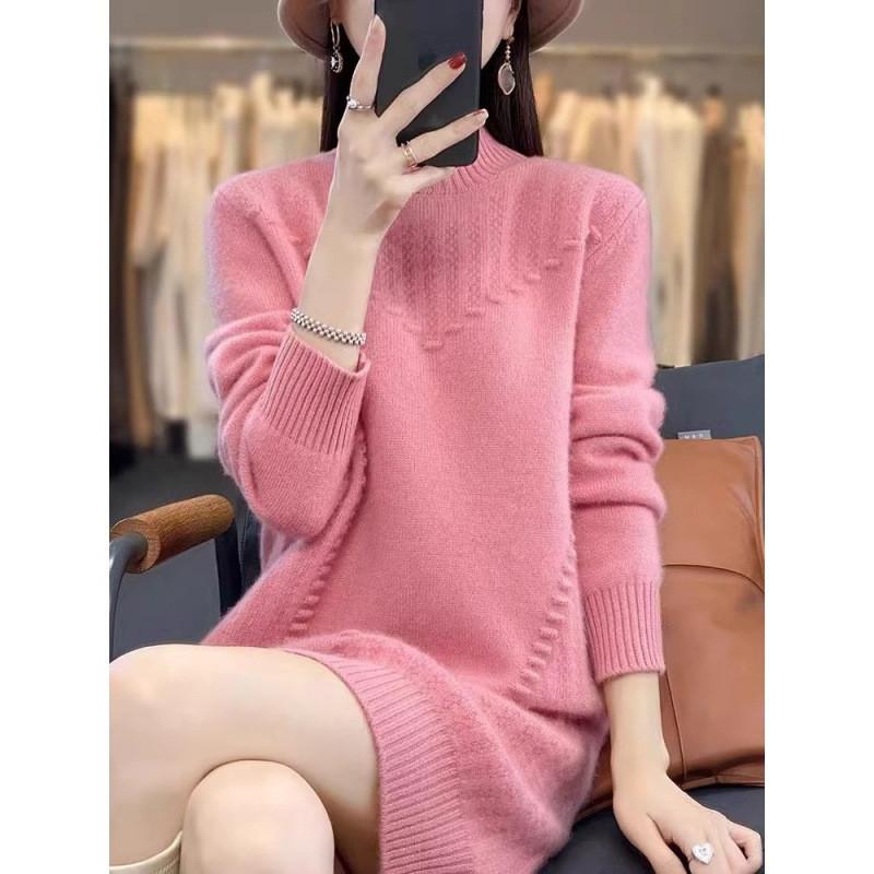 Wool Blend Sweater Dress For Women With Half High Neck Long Sleeves For Fall Winter Warmth