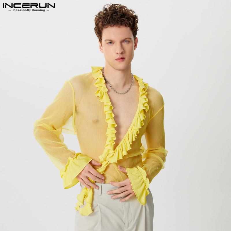 INCERUN Мужские рубашки с глубоким V-образным вырезом и длинным рукавом, оборками и сетчатыми вставками, прозрачные топы