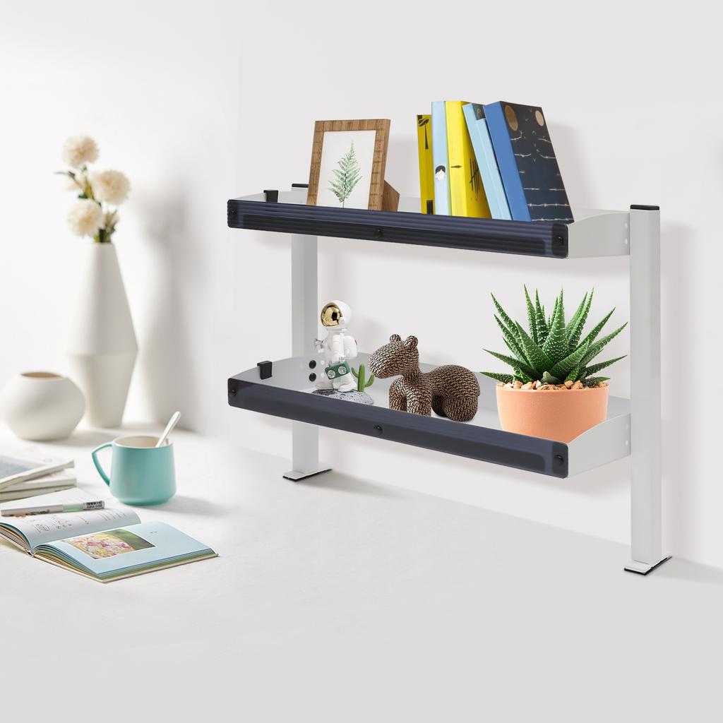 Clamp-On Desk Shelf – 2-Tier Under/Over Desk Storage Organizer with Guardrail – White