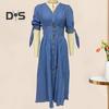 Женское летнее платье с глубоким V-образным вырезом, тонкой талией, плиссированной трапециевидной формы, большим подолом, высоким разрезом, на шнуровке, на манжетах, сплошное цветное джинсовое длинное платье, макси-платье для свиданий