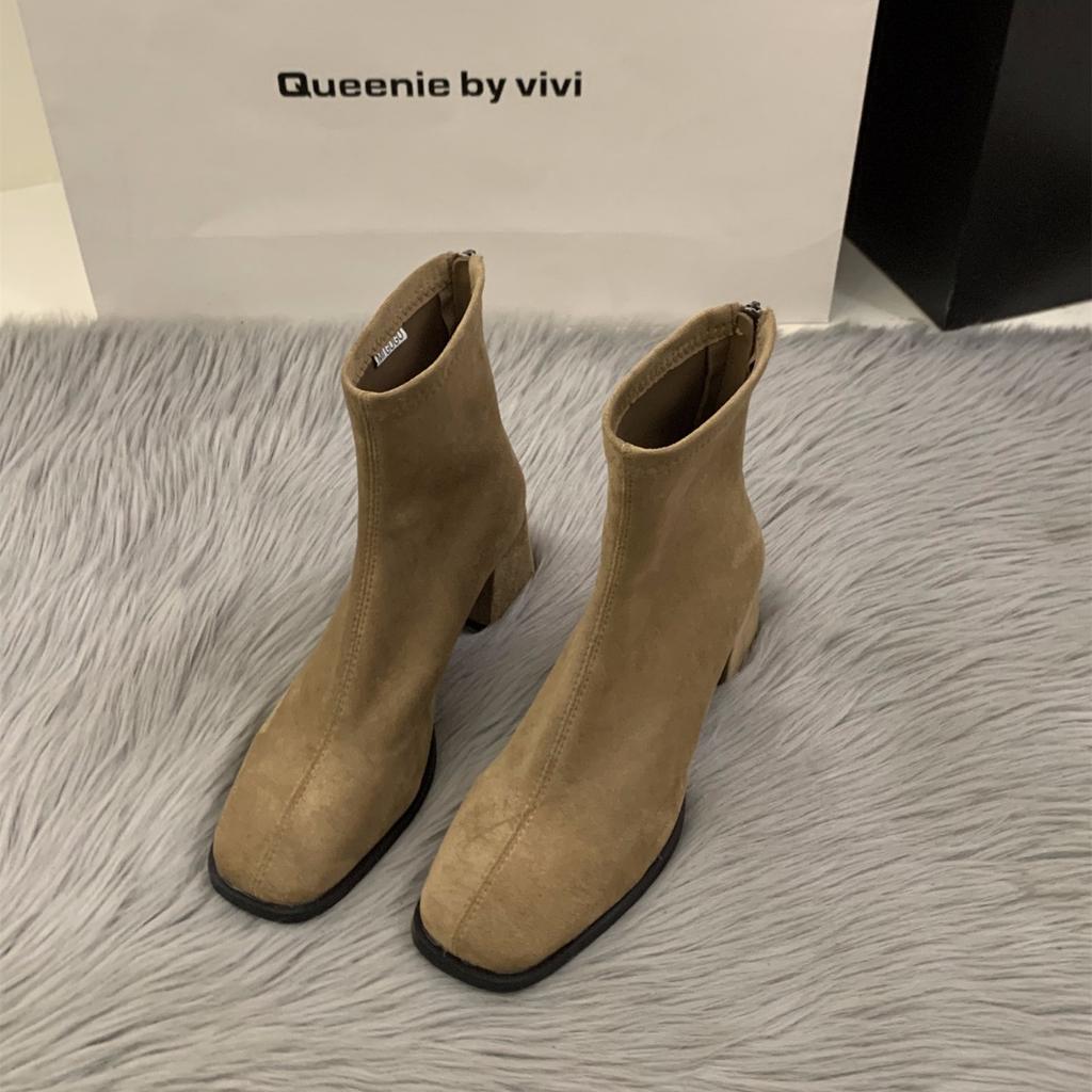 Женские ботильоны на высоком каблуке с квадратным носком, облегающие, 2025 осень-зима, флис, корейские ботильоны до щиколотки, ботинки Мартин