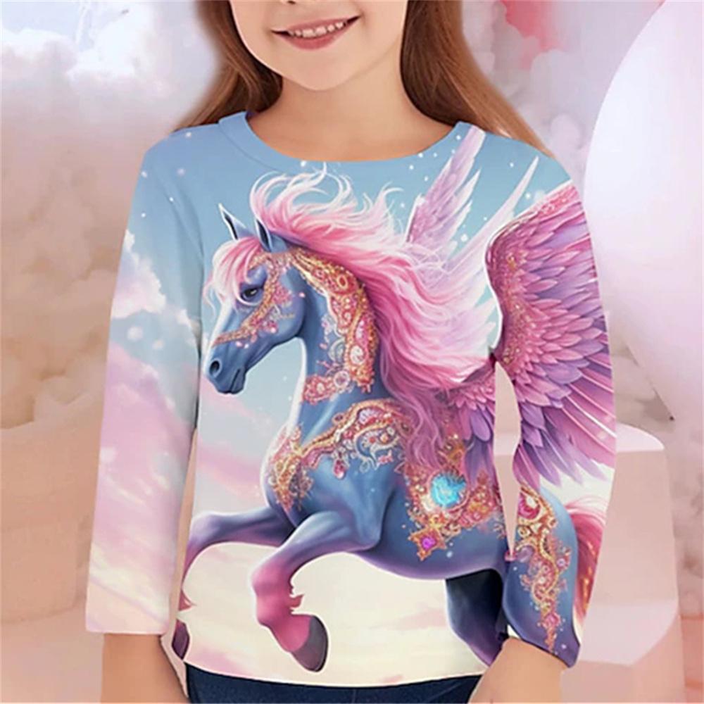 Одежда для девочек Футболки с рисунком лошади Детский топ с длинным рукавом 2024 года Летняя детская футболка для девочек Детская одежда Футболки для девочек