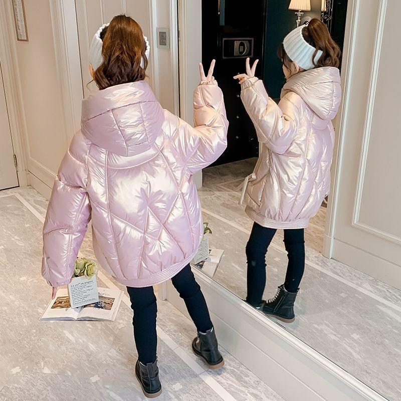 Autumn Winter Jacket For Girl Kid Baby Girl Shiny Solid Warm Hooded Outerwear Coat Teenager Cotton Parka Outift