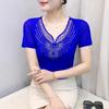Summer Sexy V-Neck Short Sleeved Women's T-Shirt Fashion Shiny Hot Diamonds Mesh Tees Female All Match Casual Tops Blusas