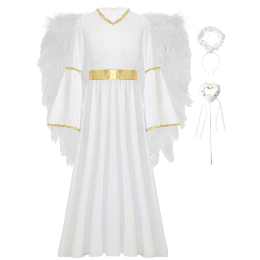 Girls Halloween Party Costume 4Pcs Angel Set with Dress Wings Headband & Wand Cosplay Performance Outfit