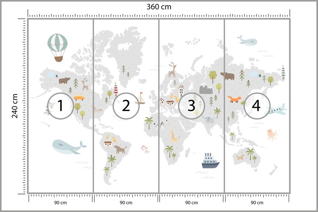 Photomural World Map With Cute Animals In Cartoon Style. Map For Nursery, Kids Room With Nature, Animals, Transports. Scandi Smooth Vinyl 360x240