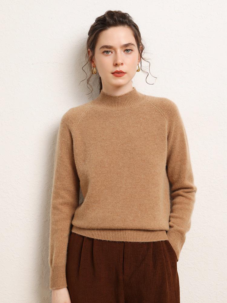 Women's Versatile Cashmere Sweater: Plain Color, Autumn/Winter, Half-High Neck, Raglan Sleeves, Double Ply, Thickened Base Layer.