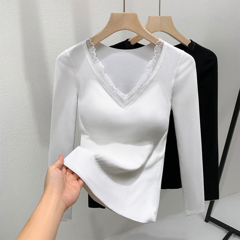 German Velvet Bottoming Shirt Women's New Lace Splicing Long-sleeved Inner Cover Autumn Clothes Velvet Thermal Underwear with Chest Pads