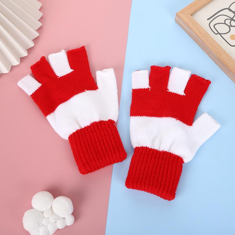 Students Winter Finger Knitted Gloves Outdoor Cycling Games Half Finger Gloves Color Matching Warm Wool Gloves