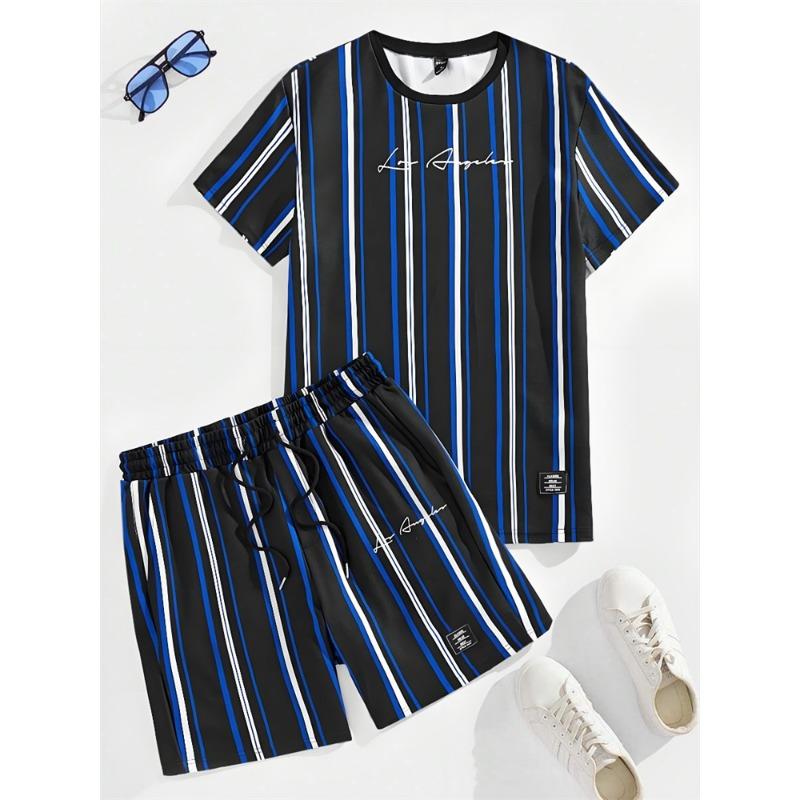 Мужской комплект с принтом в полоску 3D, летняя повседневная мужская футболка с коротким рукавом, модные пляжные шорты для городских улиц