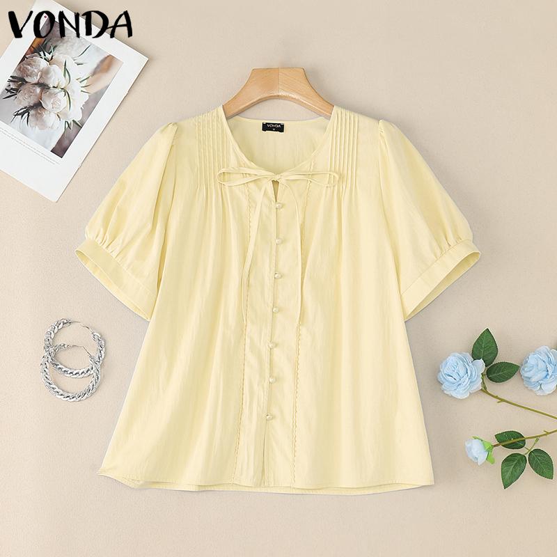 VONDA Summer Women O Neck Puff Sleeve Pleated Buttons Up Casual Blouse Tops