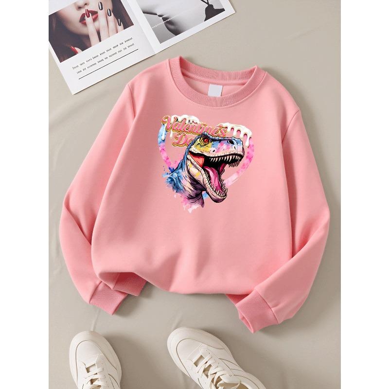 Girls' Long-Sleeve Casual Crewneck Sweatshirt | Valentines Day Dinosaur Heart Love Art, Suitable For Outdoor Sports And